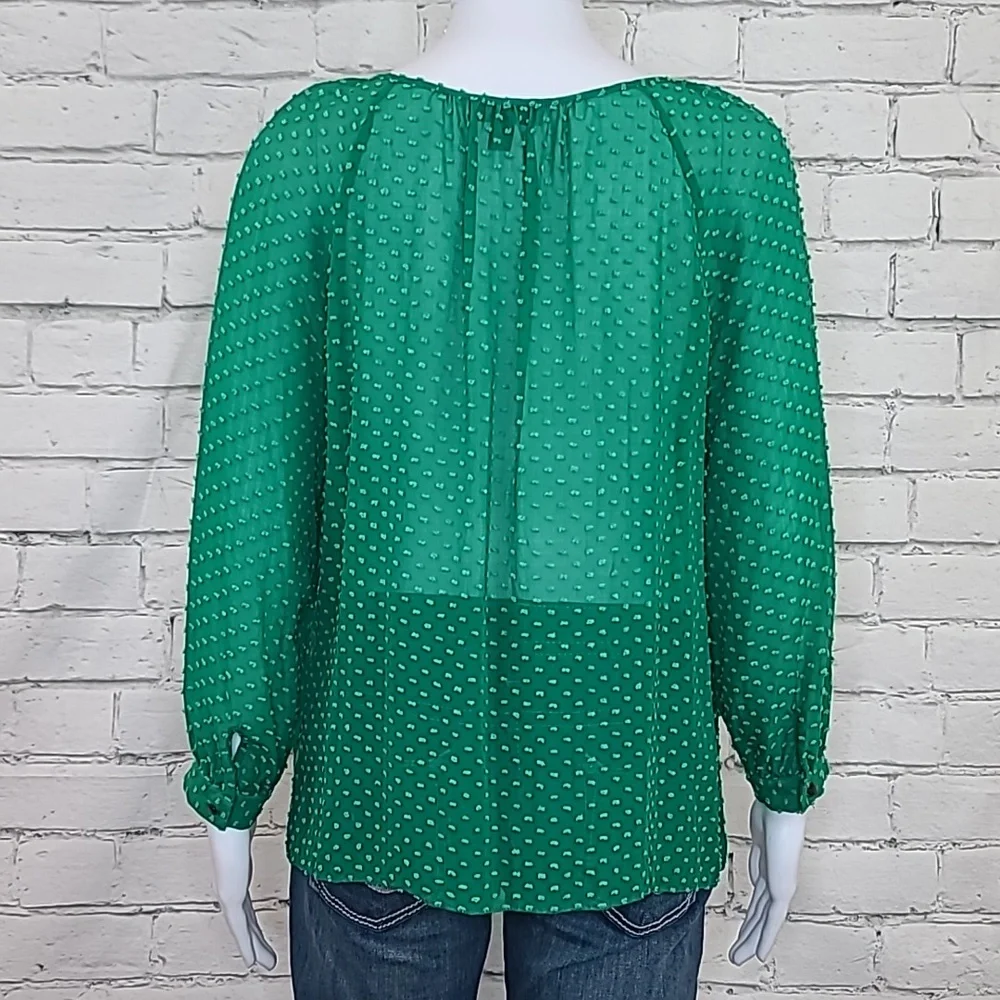 J Crew Flowy Sheer Silk Chiffon Long Sleeve Dot Blouse in Green - Picture 5 of 17